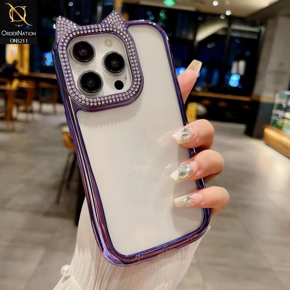 iPhone 14 Pro Max Cover - Purple - Luxury Cartoon Shiny Rhinestones Camera Border Soft Case