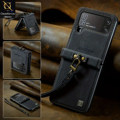Samsung Galaxy Z Flip 4 5G Cover - Black - Autspace Retro Leather Advance Shockproof Flip Walet Case With Wrist Strap