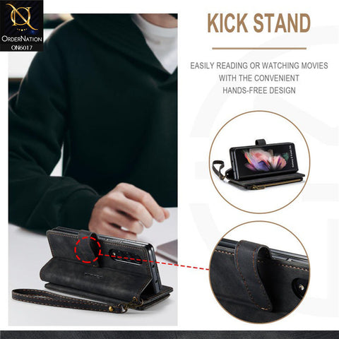 Samsung Galaxy Z Fold 4 5G Cover - Black - CaseMe Premium Leather Zipper Wallet kickstand Case with Wrist Strap