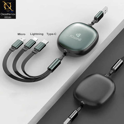 KISONLI SS-01 3 in 1 USB Multi Charging Cable Retractable 100W Fast Charging - Green