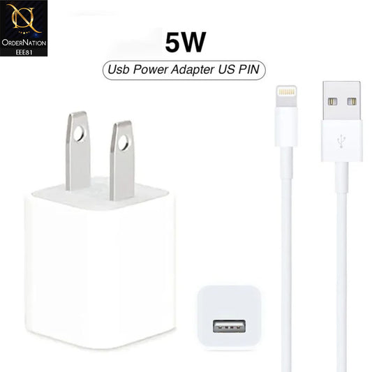 5W USB Power Adapter US Pin With Lightning USB Cable For IOS Devices - White