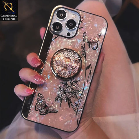 iPhone 15 Pro Cover - Golden - Cute Bling Diamond Butterfly Flower with Ring Stand,Glitter Girly Pearl Back Soft Silicone Cover