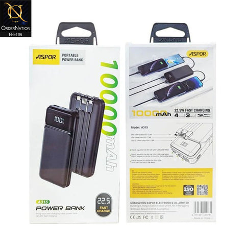 Aspor A315 Power Bank 10000 MAH 22.5W Fast Charging LCD Digital Display - Black