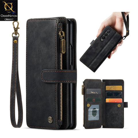Samsung Galaxy Z Fold 3 5G Cover - Black - CaseMe Premium Leather Zipper Wallet kickstand Case with Wrist Strap