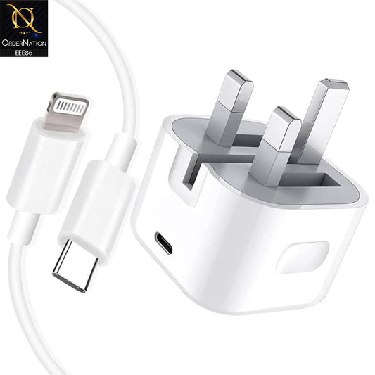20W USB Type-C to C Power Adapter UK Folding Pins With Type-C To Lightning Cable - White