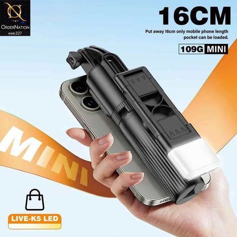 PLOKAMA LIVE-K5 3 in 1 Selfie Stick - Tripod Bluetooth LED with Mini Remote Wireless for Photos - Black