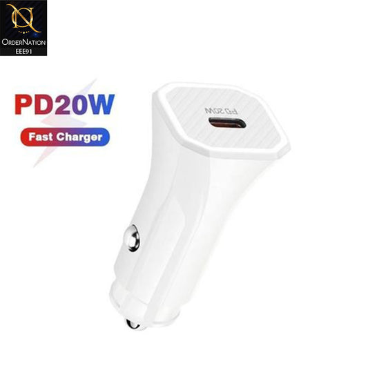 20W PD USB Type-C Fast Car Charger - White