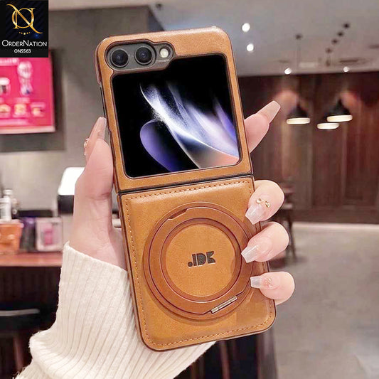 Samsung Galaxy Z Flip 6 Cover - Brown - New Jinduka Premium Leather Case With Metal Kick Stand And Wireless Charging Option