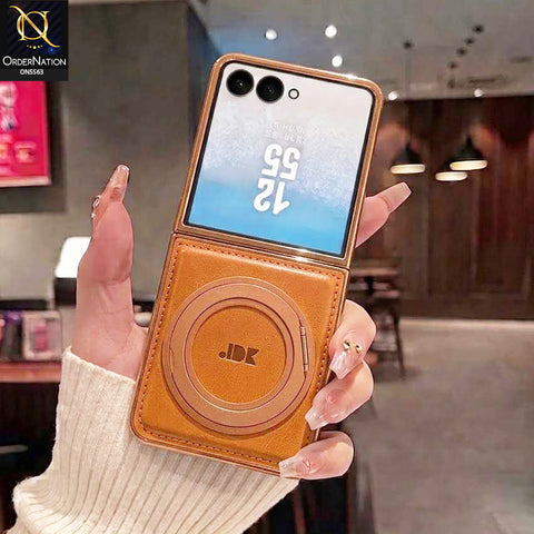 Samsung Galaxy Z Flip 8 Cover - Brown - New Jinduka Premium Leather Case With Metal Kick Stand And Wireless Charging Option