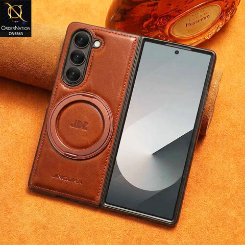 Samsung Galaxy Z Fold 5 5G Cover - Coffee - New JINDUKA Premium Leather Case With Metal Kick Stand And Wireless Charging Option