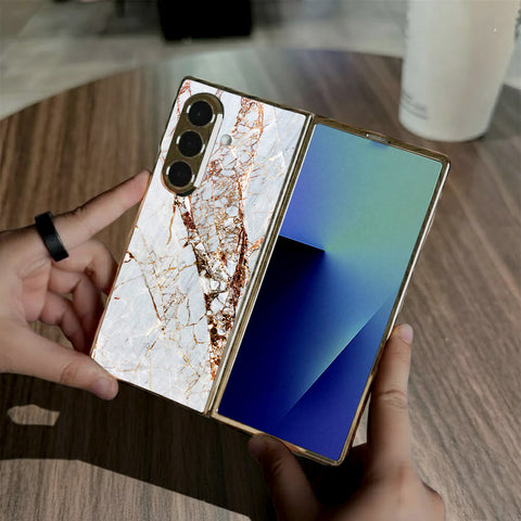 Samsung Galaxy Z Fold 7 - White Marble Series - HQ Premium Shine Durable Golden Electroplate Case