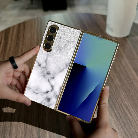 Samsung Galaxy Z Fold 7 - White Marble Series - HQ Premium Shine Durable Golden Electroplate Case