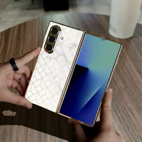 Samsung Galaxy Z Fold 7 - White Marble Series 2 - HQ Premium Shine Durable Golden Electroplate Case