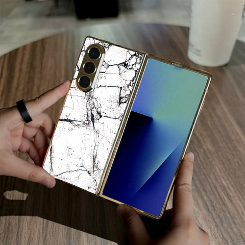 Samsung Galaxy Z Fold 7 - White Marble Series 2 - HQ Premium Shine Durable Golden Electroplate Case