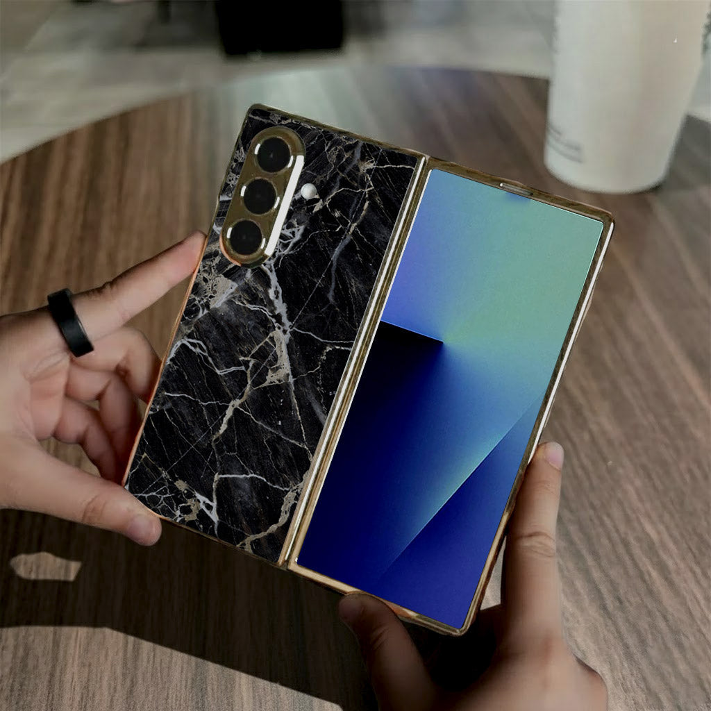 Samsung Galaxy Z Fold 7 - Black Marble Series - HQ Premium Shine Durable Golden Electroplate Case