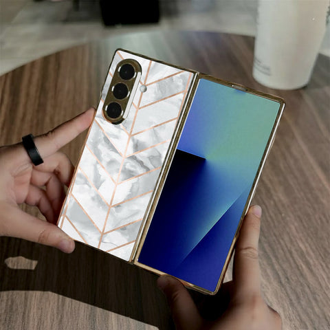 Samsung Galaxy Z Fold 7 - White Marble Series 2 - HQ Premium Shine Durable Golden Electroplate Case