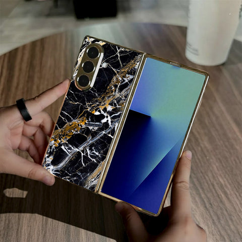 Samsung Galaxy Z Fold 7 - Black Marble Series - HQ Premium Shine Durable Golden Electroplate Case