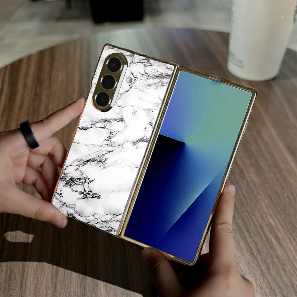 Samsung Galaxy Z Fold 7 - White Marble Series - HQ Premium Shine Durable Golden Electroplate Case