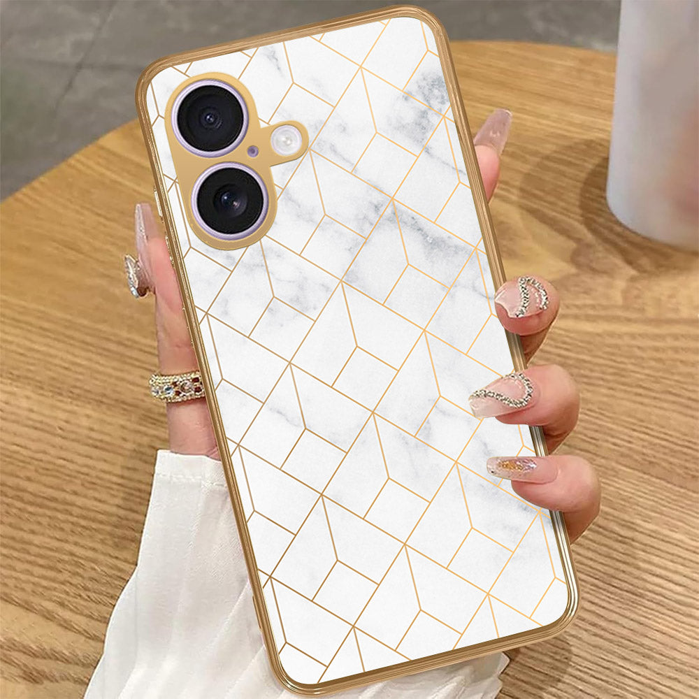 iPhone 16 - White Marble Series 2 - HQ Premium Shine Durable Golden Electroplate Case