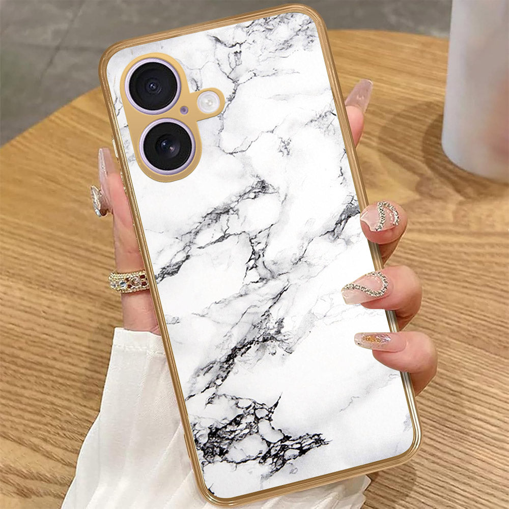 iPhone 16 Plus - White Marble Series - HQ Premium Shine Durable Golden Electroplate Case