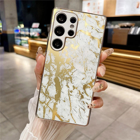 Samsung Galaxy S25 Ultra - White Marble Series - HQ Premium Shine Durable Silver Electroplate Case