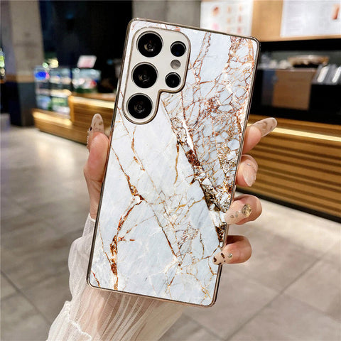 Samsung Galaxy S25 Ultra - White Marble Series - HQ Premium Shine Durable Silver Electroplate Case