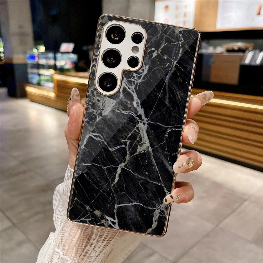 Samsung Galaxy S25 Ultra - Black Marble Series - HQ Premium Shine Durable Silver Electroplate Case