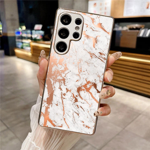 Samsung Galaxy S25 Ultra - White Marble Series 2 - HQ Premium Shine Durable Silver Electroplate Case