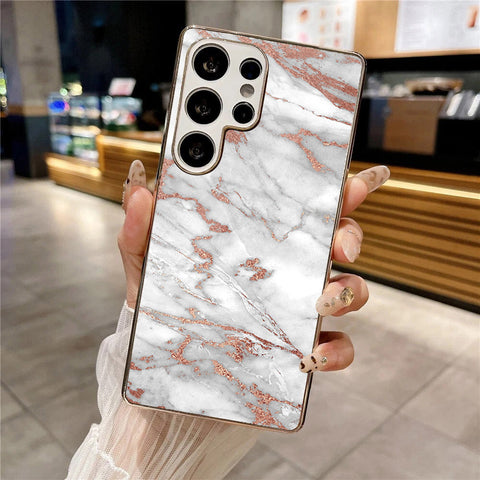 Samsung Galaxy S25 Ultra - White Marble Series 2 - HQ Premium Shine Durable Silver Electroplate Case