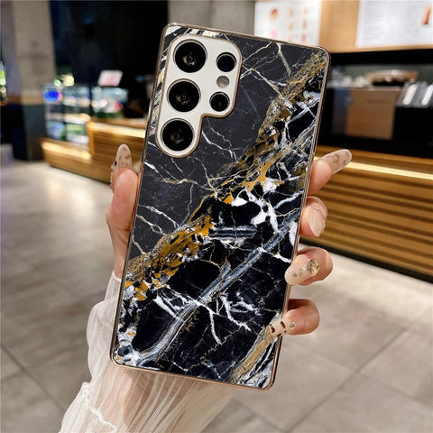 Samsung Galaxy S25 Ultra - Black Marble Series - HQ Premium Shine Durable Silver Electroplate Case
