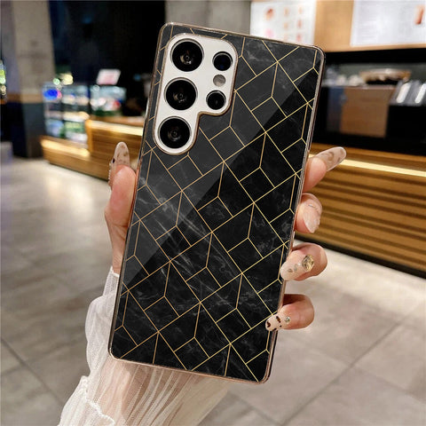 Samsung Galaxy S25 Ultra - Black Marble Series - HQ Premium Shine Durable Silver Electroplate Case