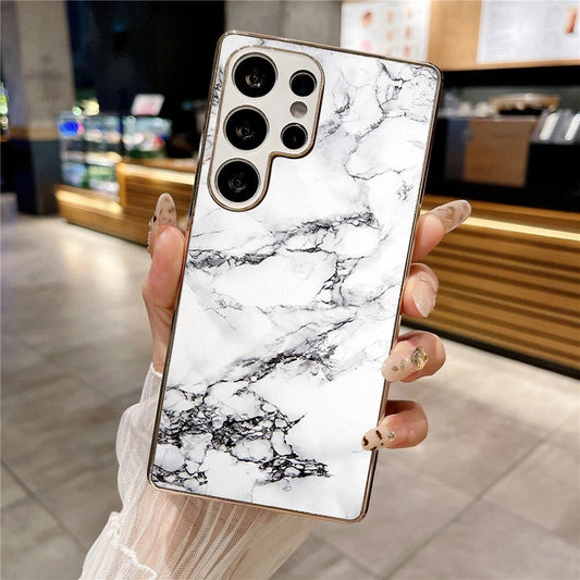 Samsung Galaxy S25 Ultra - White Marble Series - HQ Premium Shine Durable Silver Electroplate Case