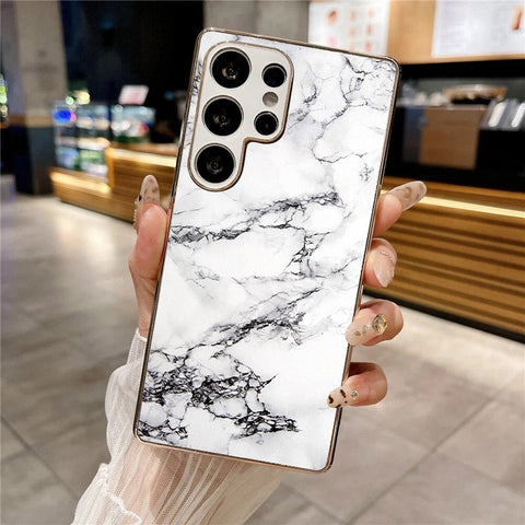 Samsung Galaxy S25 Ultra - White Marble Series - HQ Premium Shine Durable Silver Electroplate Case