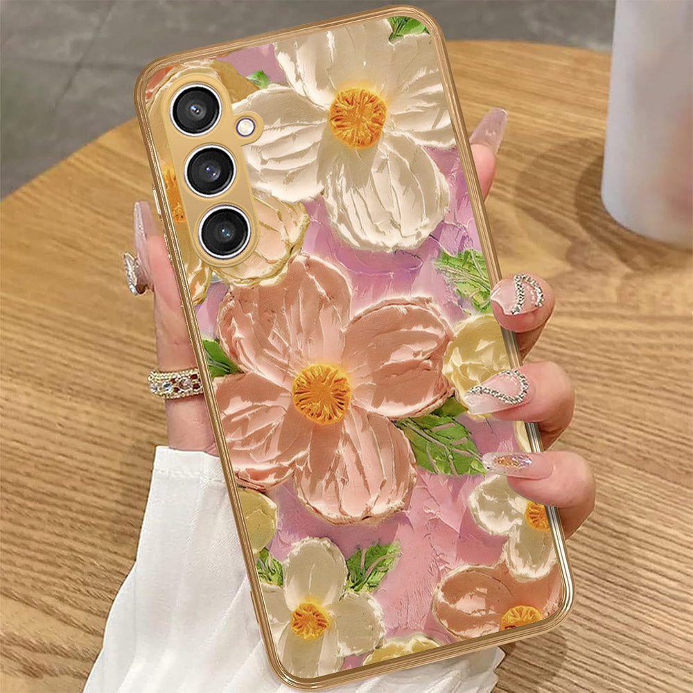 Samsung Galaxy A15 4G - Floral Series - Design 11 - White & Green - HQ Premium Shine Durable Golden Electroplate Case