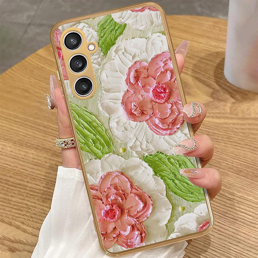 Samsung Galaxy A15 4G - Floral Series - Design 13 - Offwhite & Green - HQ Premium Shine Durable Golden Electroplate Case
