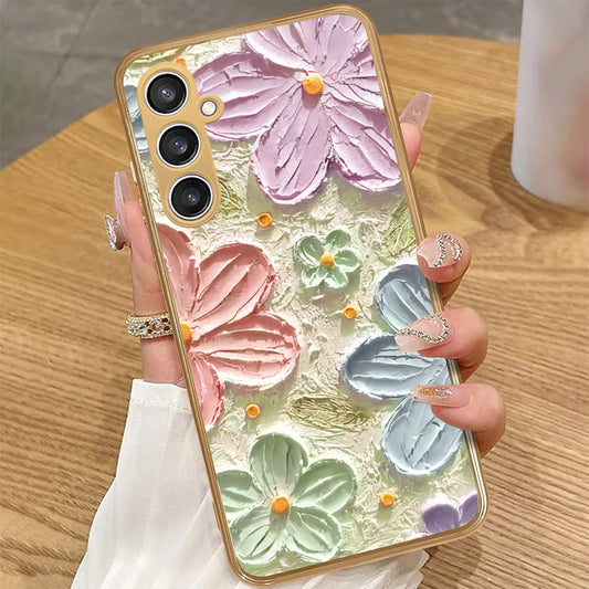 Samsung Galaxy A34 5G - Floral Series - Design 15 - Blue & Green - HQ Premium Shine Durable Golden Electroplate Case