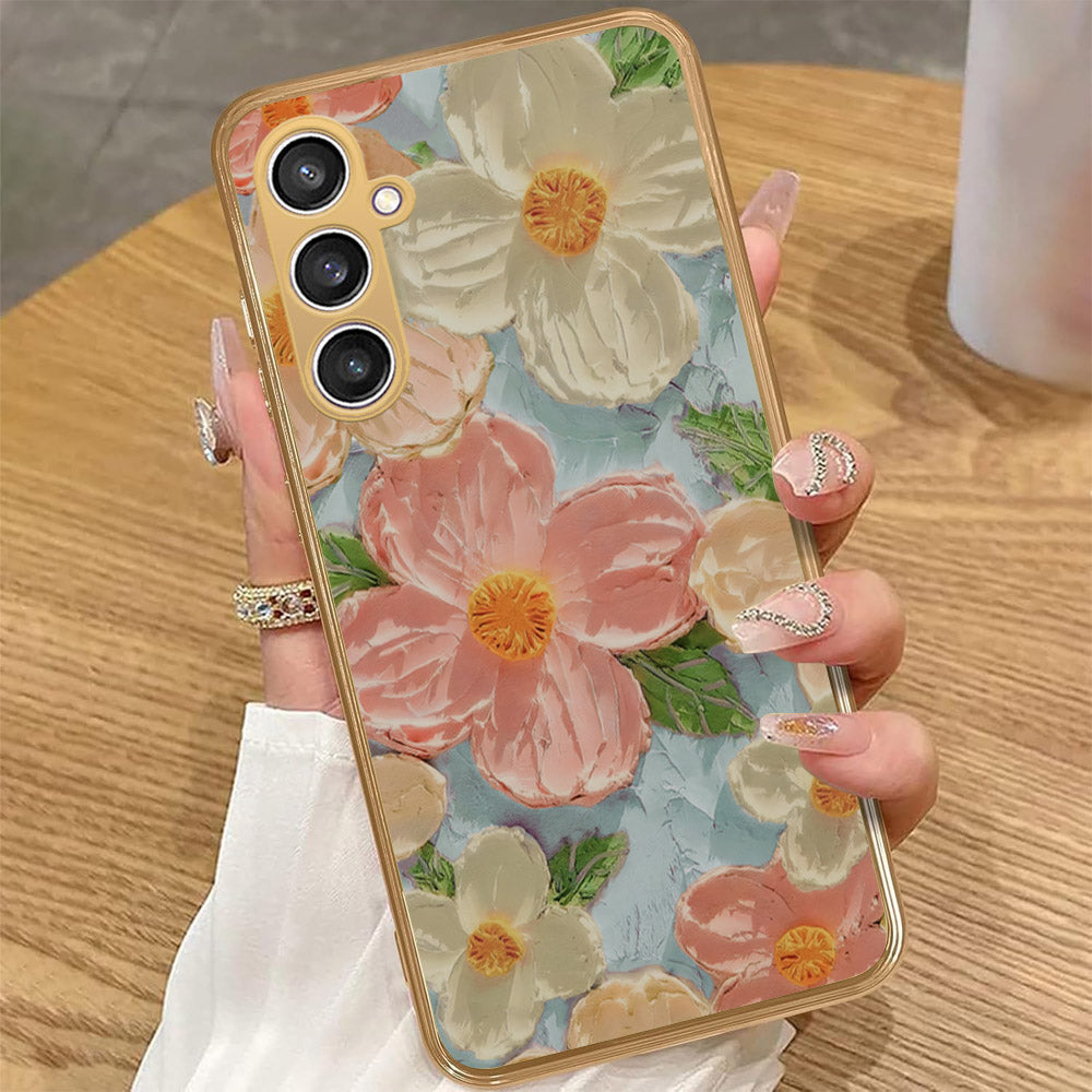 Samsung Galaxy A34 5G - Floral Series - Design 16 - Cyan & Pink - HQ Premium Shine Durable Golden Electroplate Case