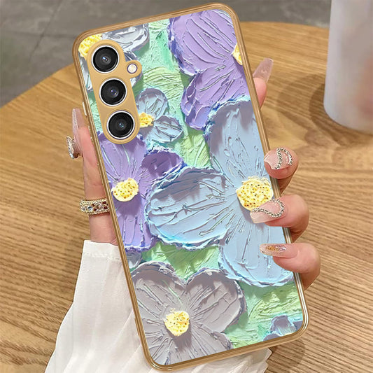 Samsung Galaxy A34 5G - Floral Series - Design 1 - Purple & Aqua - HQ Premium Shine Durable Golden Electroplate Case