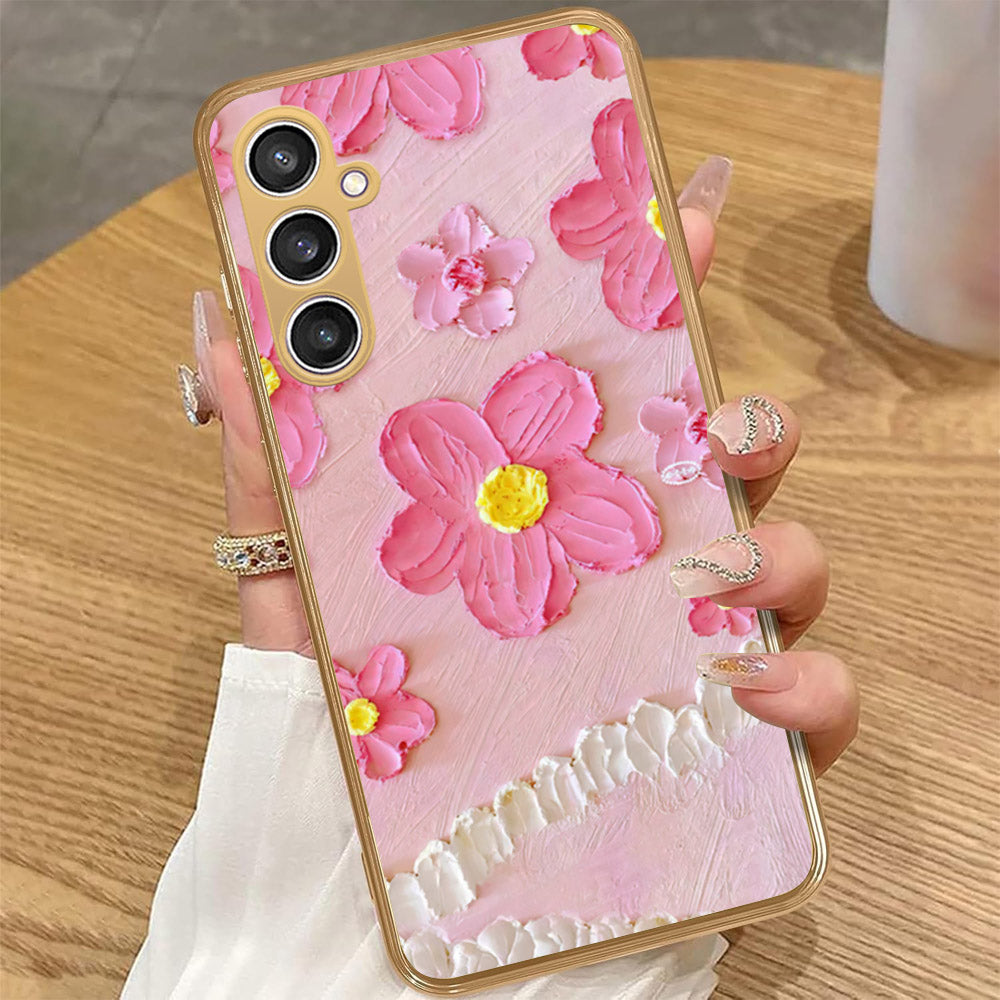 Samsung Galaxy A34 5G - Floral Series - Design 2 - Pink - HQ Premium Shine Durable Golden Electroplate Case