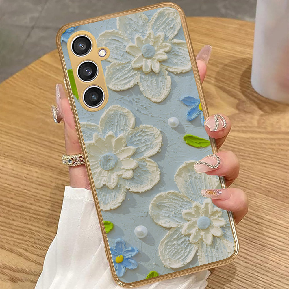 Samsung Galaxy A34 5G - Floral Series - Design 3 - Sky Blue - HQ Premium Shine Durable Golden Electroplate Case