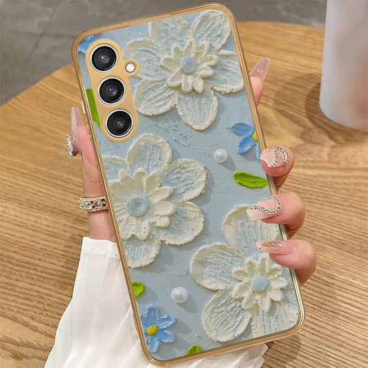 Samsung Galaxy A34 5G - Floral Series - Design 3 - Sky Blue - HQ Premium Shine Durable Golden Electroplate Case