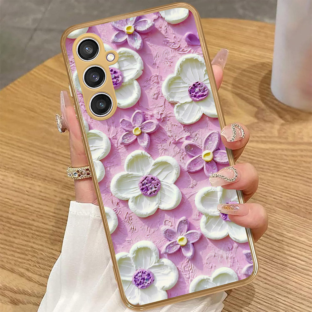 Samsung Galaxy A15 4G - Floral Series - Design 4 - Purple & White - HQ Premium Shine Durable Golden Electroplate Case
