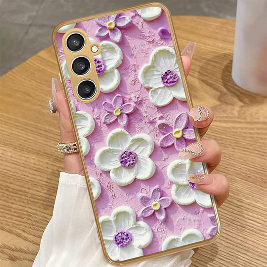 Samsung Galaxy A34 5G - Floral Series - Design 4 - Purple & White - HQ Premium Shine Durable Golden Electroplate Case
