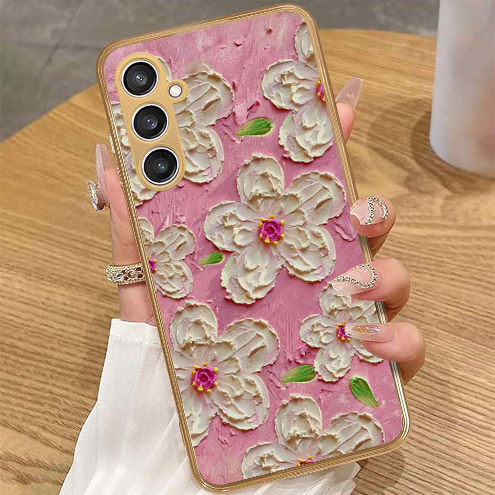 Samsung Galaxy A15 4G - Floral Series - Design 5 - Pink & White - HQ Premium Shine Durable Golden Electroplate Case