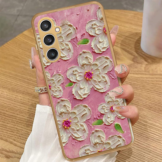 Samsung Galaxy A15 4G - Floral Series - Design 5 - Pink & White - HQ Premium Shine Durable Golden Electroplate Case