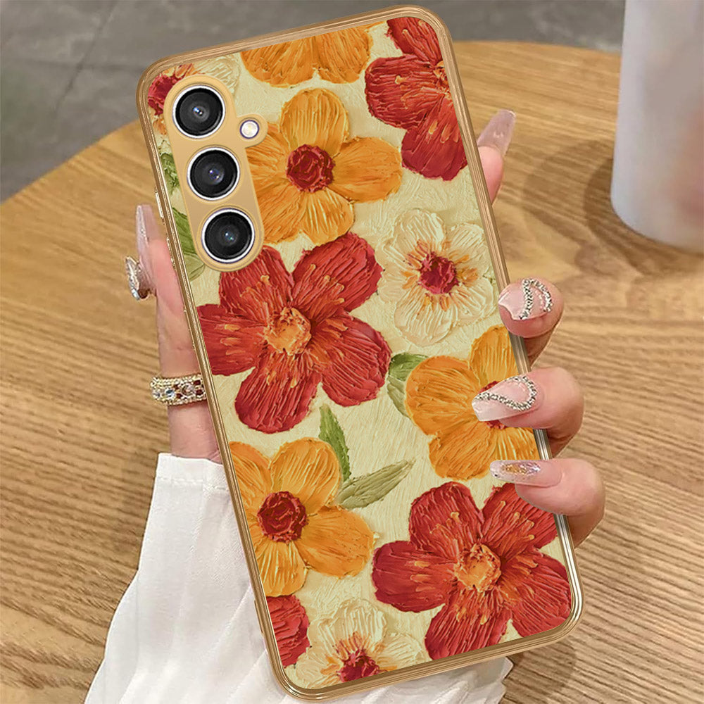 Samsung Galaxy A15 4G - Floral Series - Design 6 - Red & Orange - HQ Premium Shine Durable Golden Electroplate Case