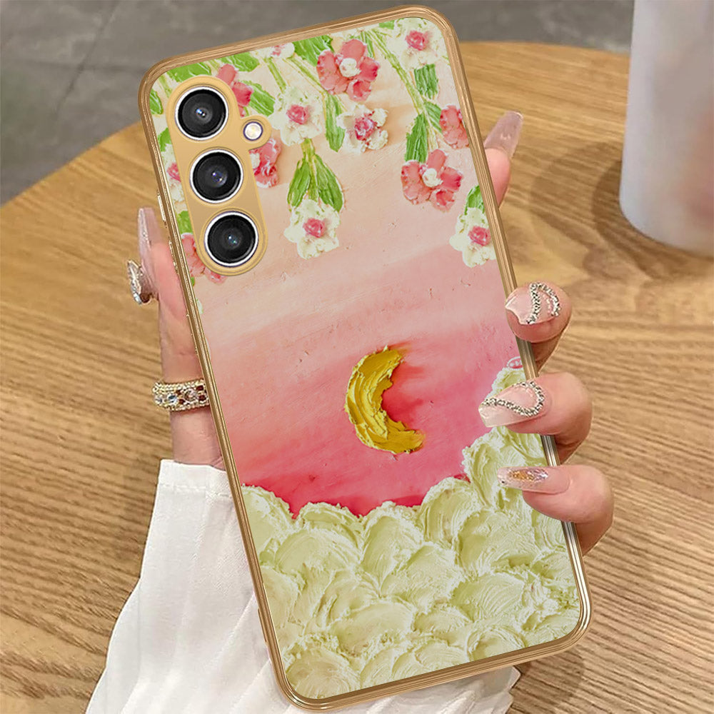 Samsung Galaxy A34 5G - Floral Series - Design 7 - Pink & Yellow - HQ Premium Shine Durable Golden Electroplate Case