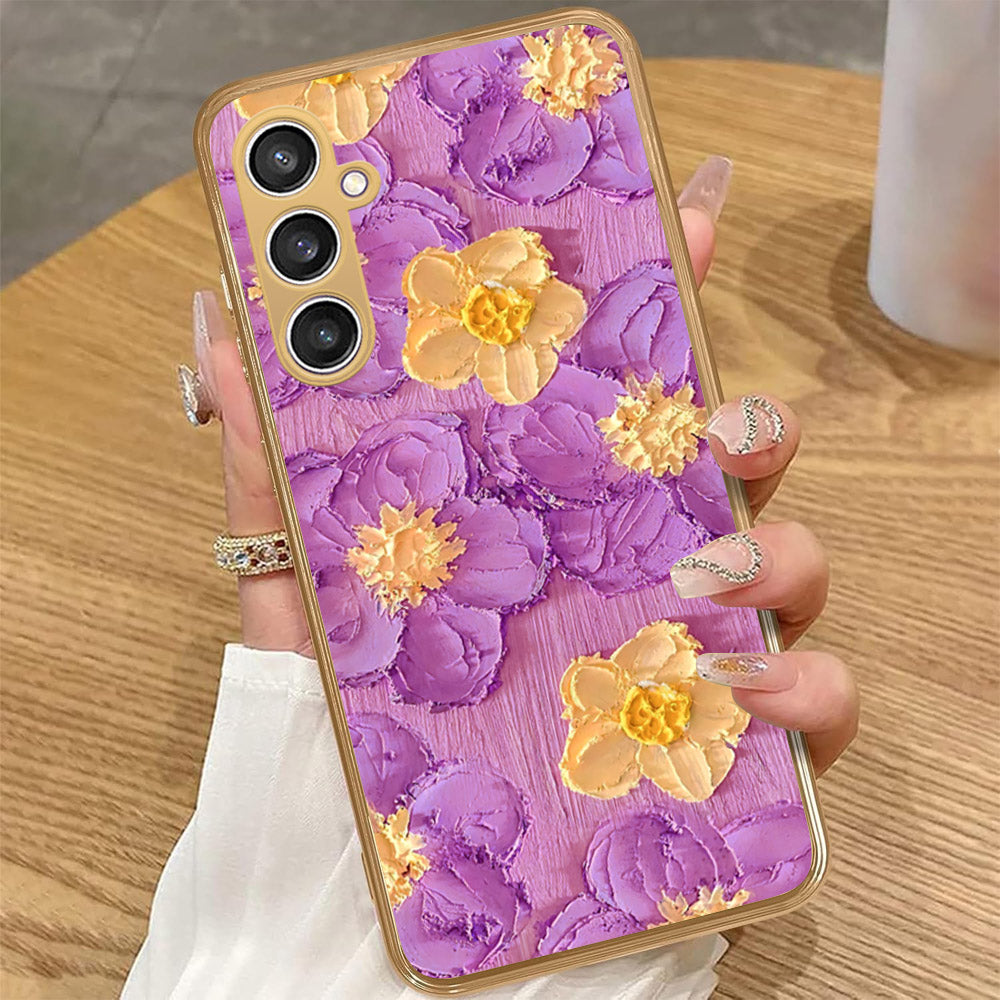 Samsung Galaxy A34 5G - Floral Series - Design 8 - Purple & Yellow - HQ Premium Shine Durable Golden Electroplate Case