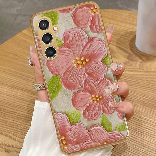 Samsung Galaxy A15 4G - Floral Series - Design 9 - Pink & Green - HQ Premium Shine Durable Golden Electroplate Case