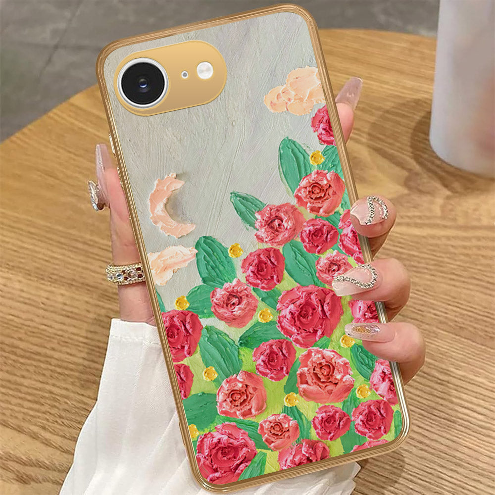 iPhone 16e - Floral Series - Design 10 - Red & Green - HQ Premium Shine Durable Golden Electroplate Case